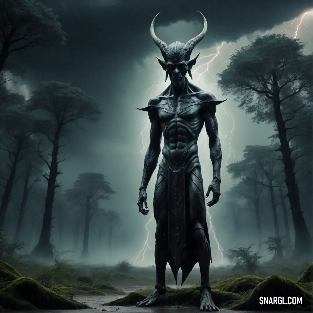 Baal standing in a forest with a lightning bolt in the background and a dark sky behind it