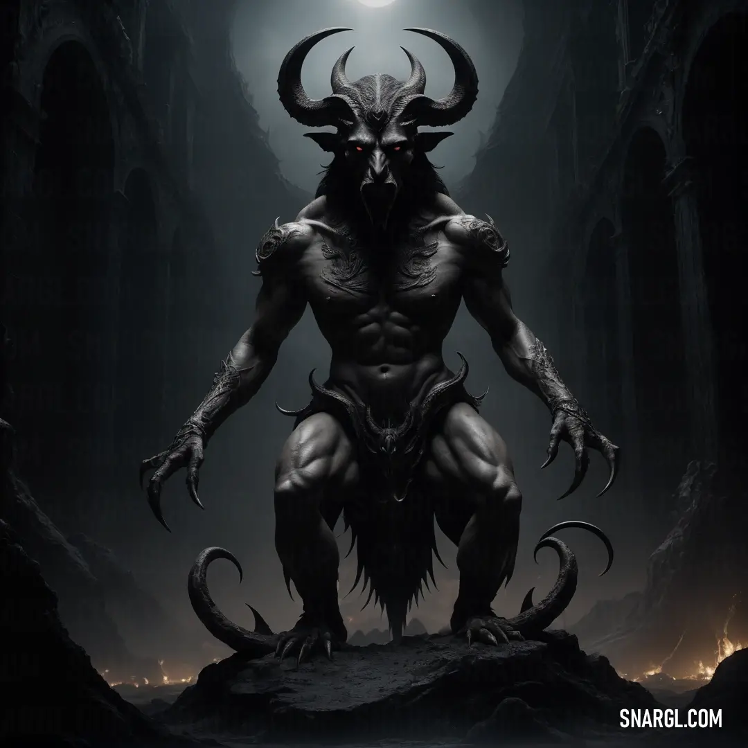 Baal with horns and horns standing in a dark cave with a full moon in the background
