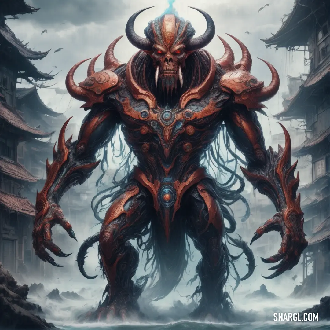 Demonic Baal with horns and horns on his face standing in a forest with buildings and trees in the background