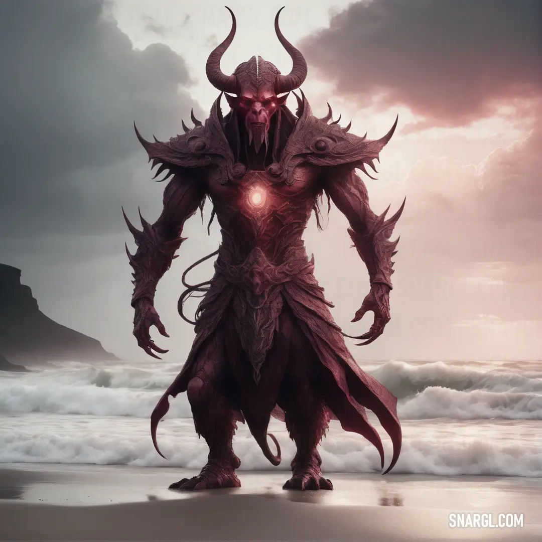 Demonic looking Baal standing on a beach next to the ocean with a glowing eyeball in its mouth
