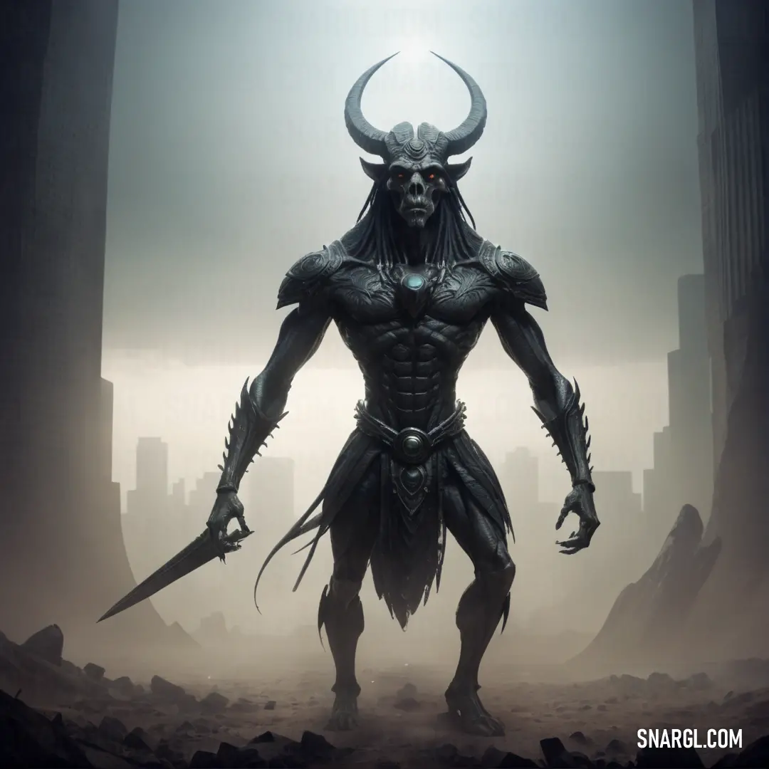 Demonic looking male Baal with horns and horns on his head standing in a desert area with a city in the background