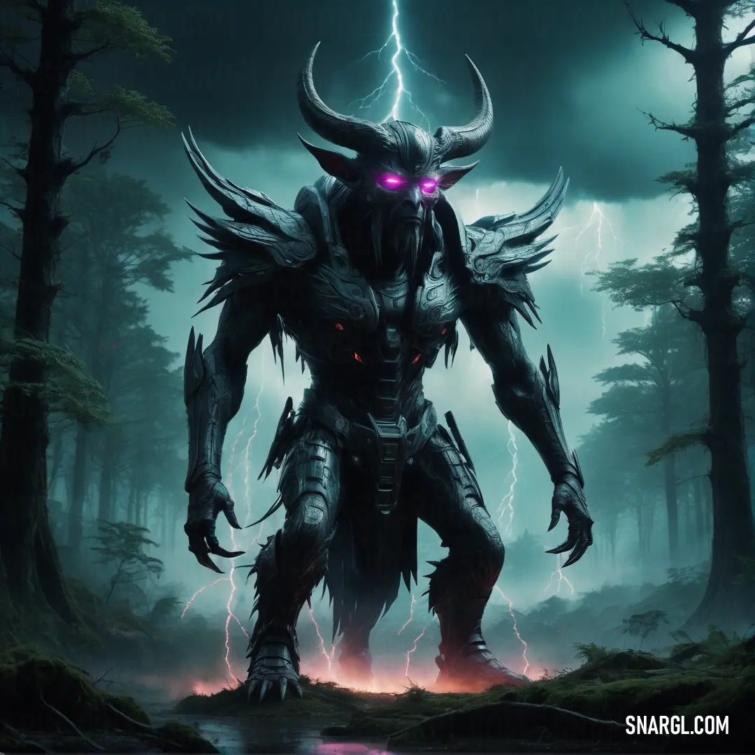 Demonic looking Baal with horns and horns on his head standing in the woods with lightning in the background