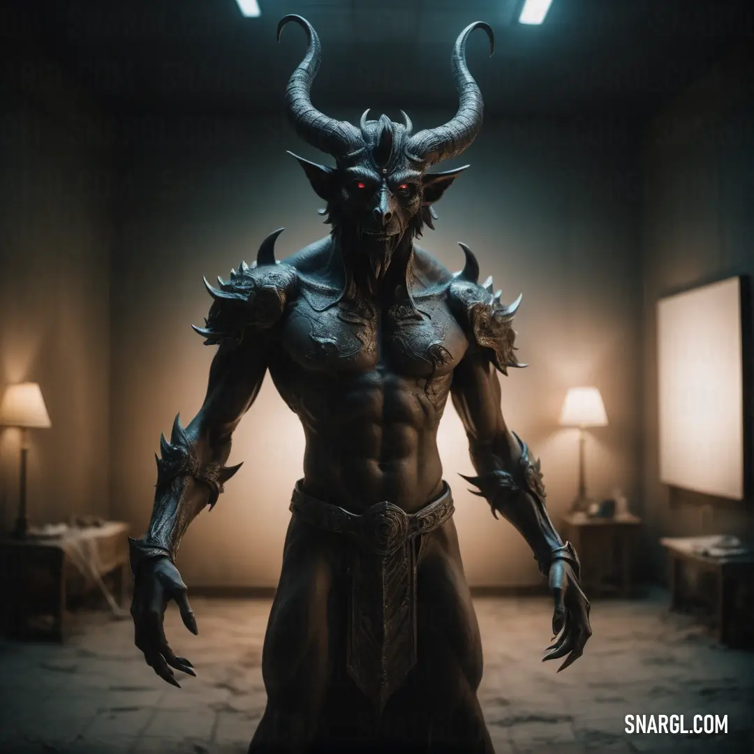 Baal dressed in a horned costume standing in a room with a lamp on the side of the room