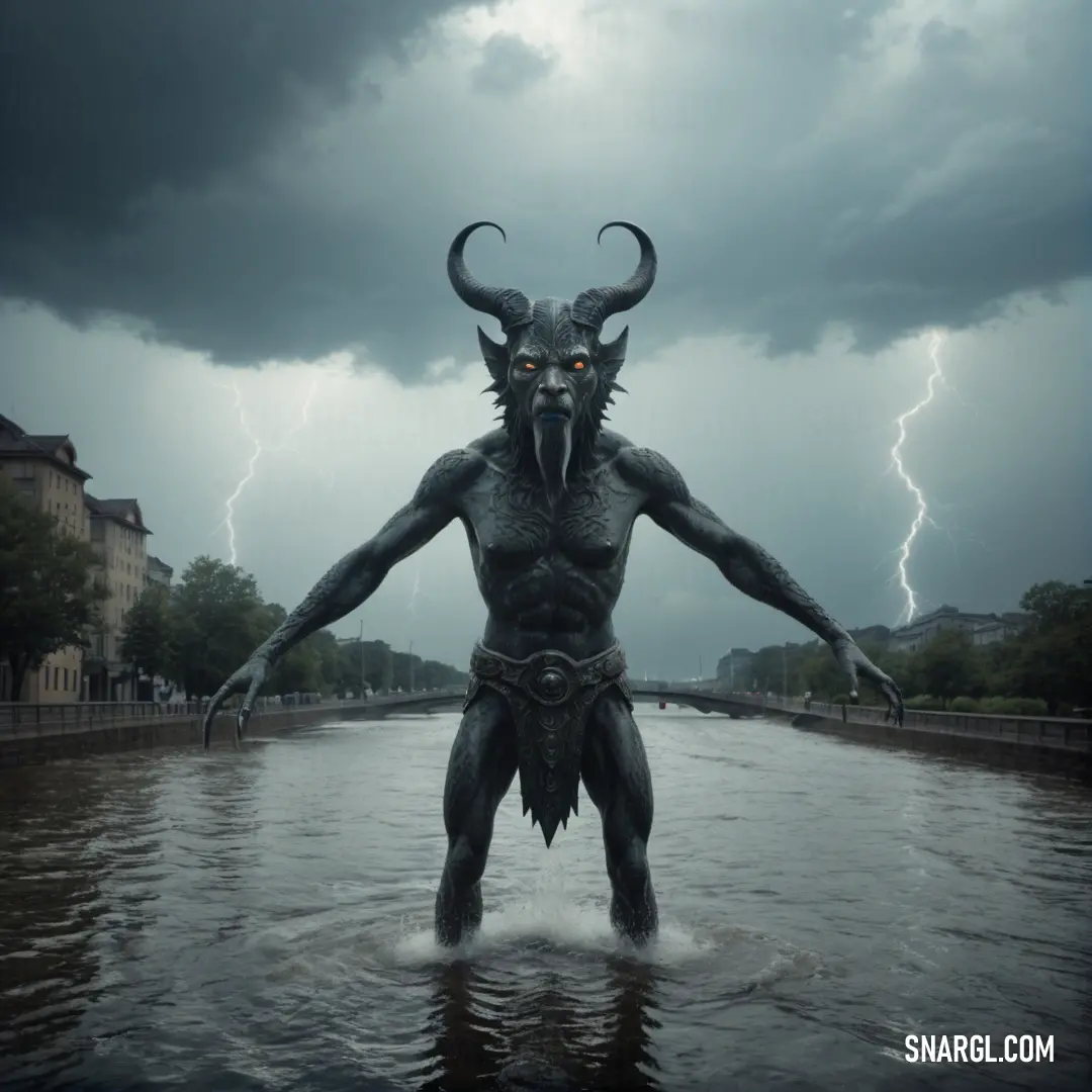Man in a body of water with a Baal face on his body and a lightning in the background