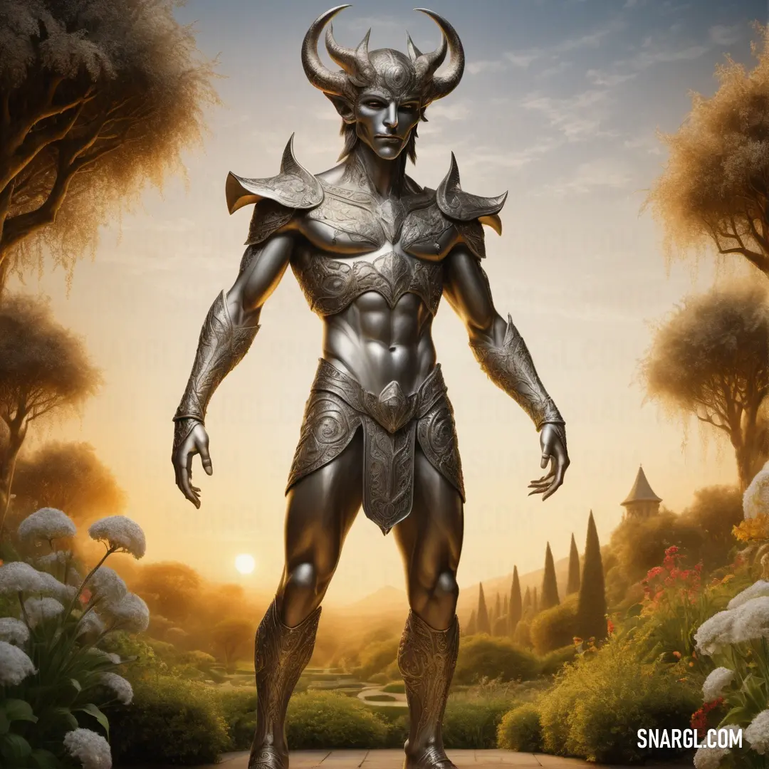 Baal in a costume standing in a garden at sunset with a horned face and horns on his head