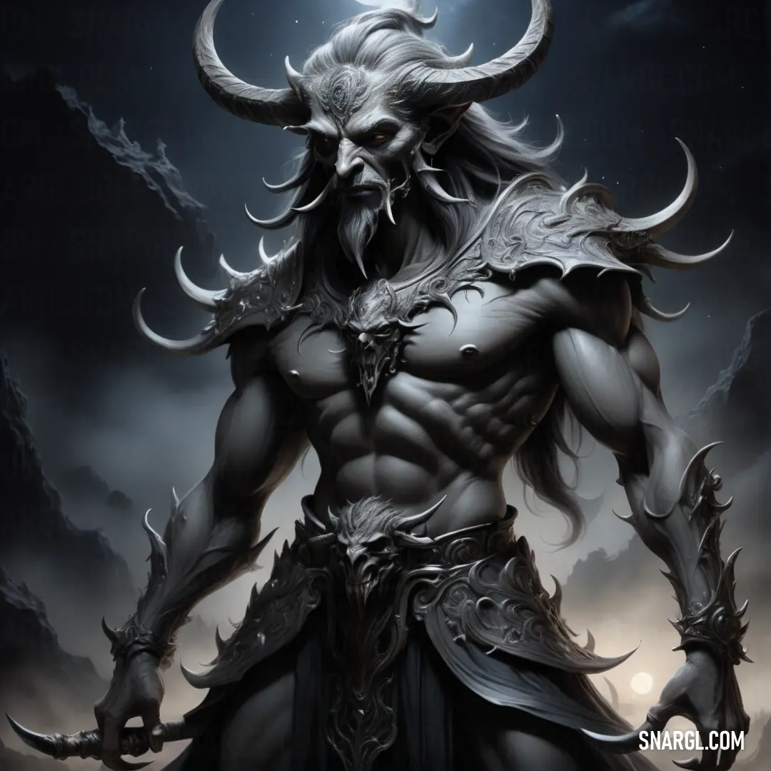 Baal with horns and a horned face standing in front of a dark sky with clouds and lightnings