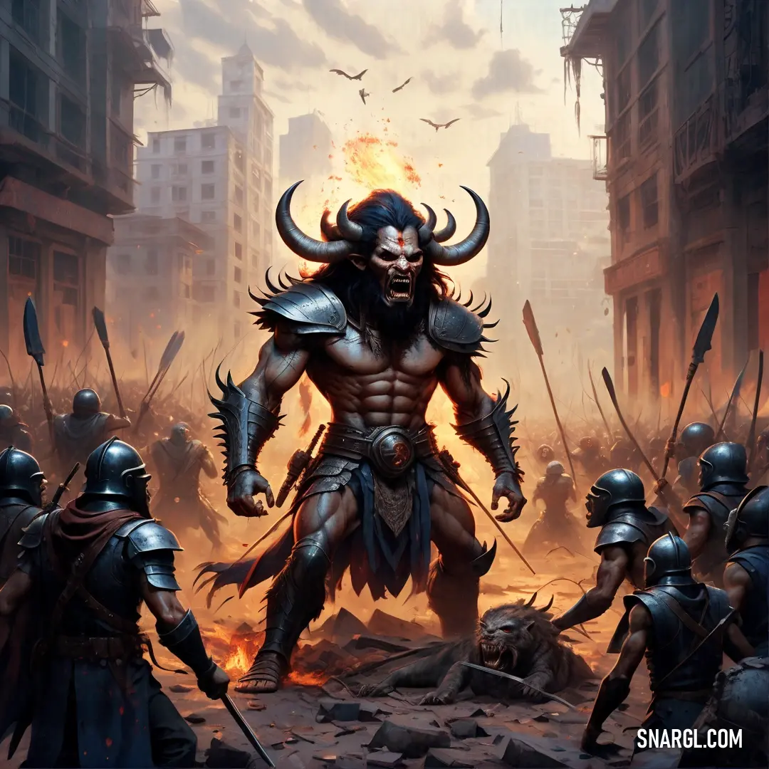 Painting of a Baal surrounded by other men in armor and weapons in a city street with buildings in the background