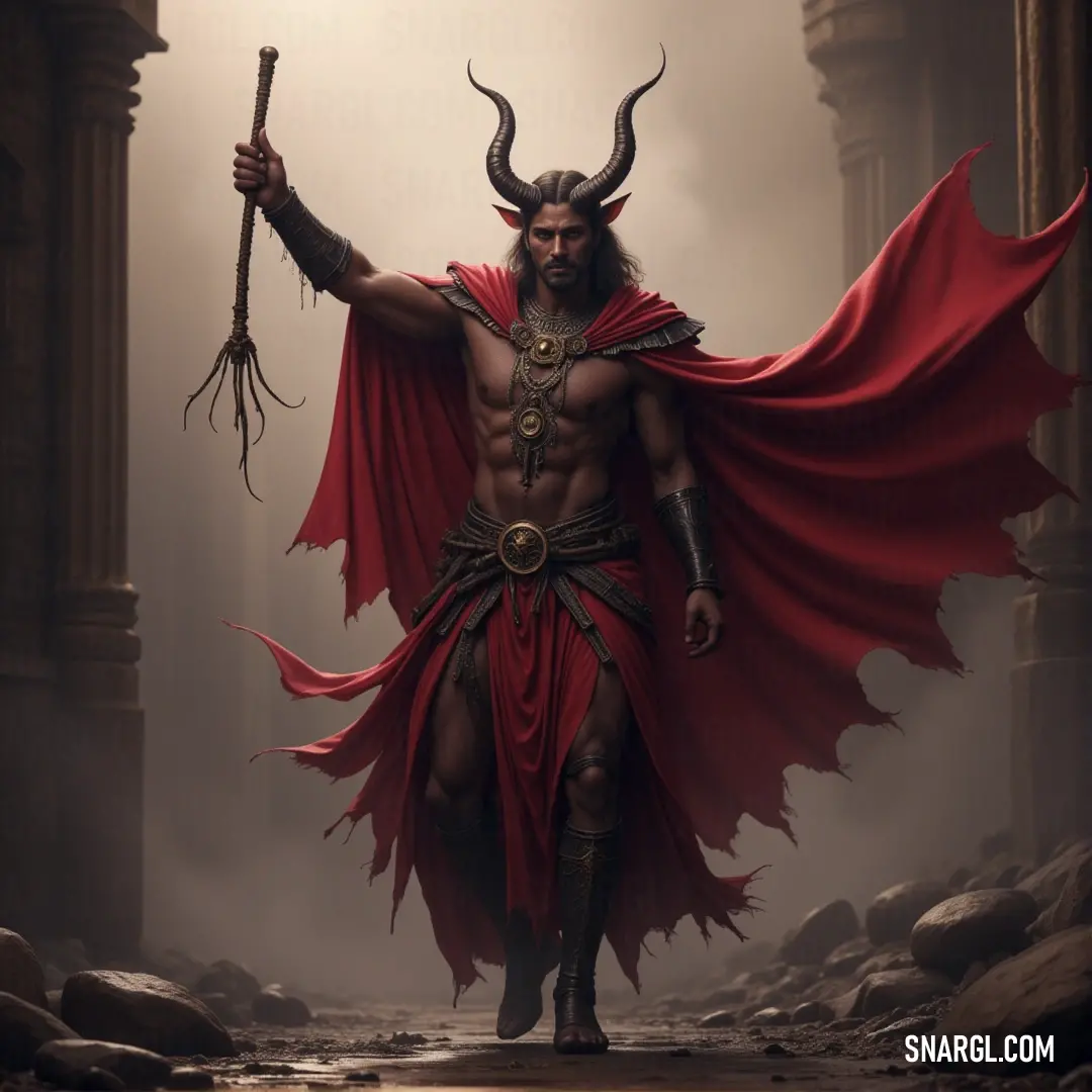Baalzebul, a fearsome demon with horns, holds a staff in a dark cave, his powerful aura casting a chilling atmosphere as the rocks surrounding him seem to pulse with dark energy. Baalzebul, a demon with intimidating horns and a powerful staff, stands within the rocky confines of a cave. His presence is commanding, as the dark cavern echoes with an unsettling energy, his figure illuminated by the dim light around him.