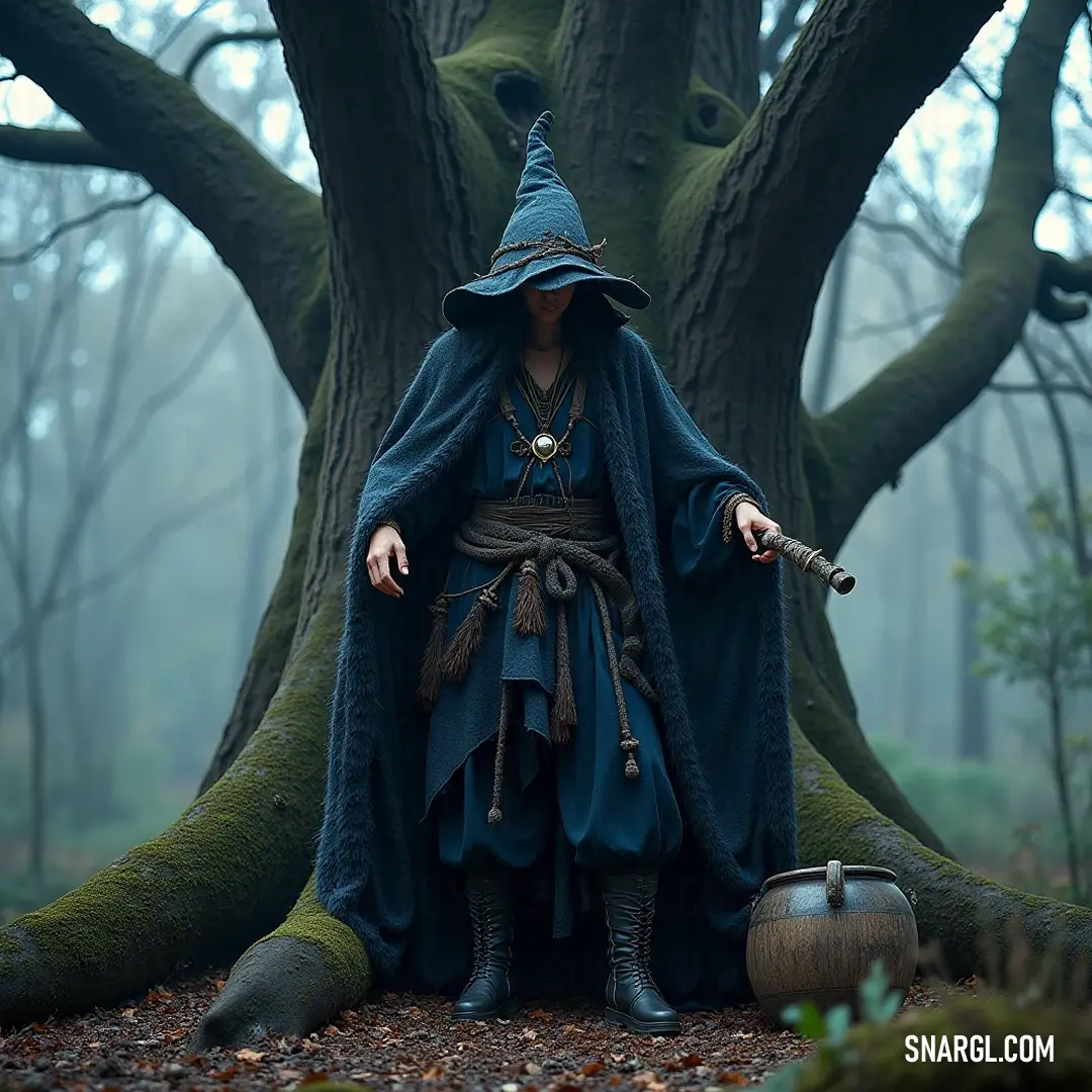 A wise wizard stands amidst a mystical forest, one hand resting on a moss-covered barrel while grasping his staff, embodying the essence of ancient lore and the captivating tales hidden within the wilderness. In a mystical forest, a wise wizard holds a staff in one hand and leans against a moss-covered barrel, embodying the essence of ancient magic and wisdom. His presence evokes tales of adventures and lore hidden deep within the woodland.