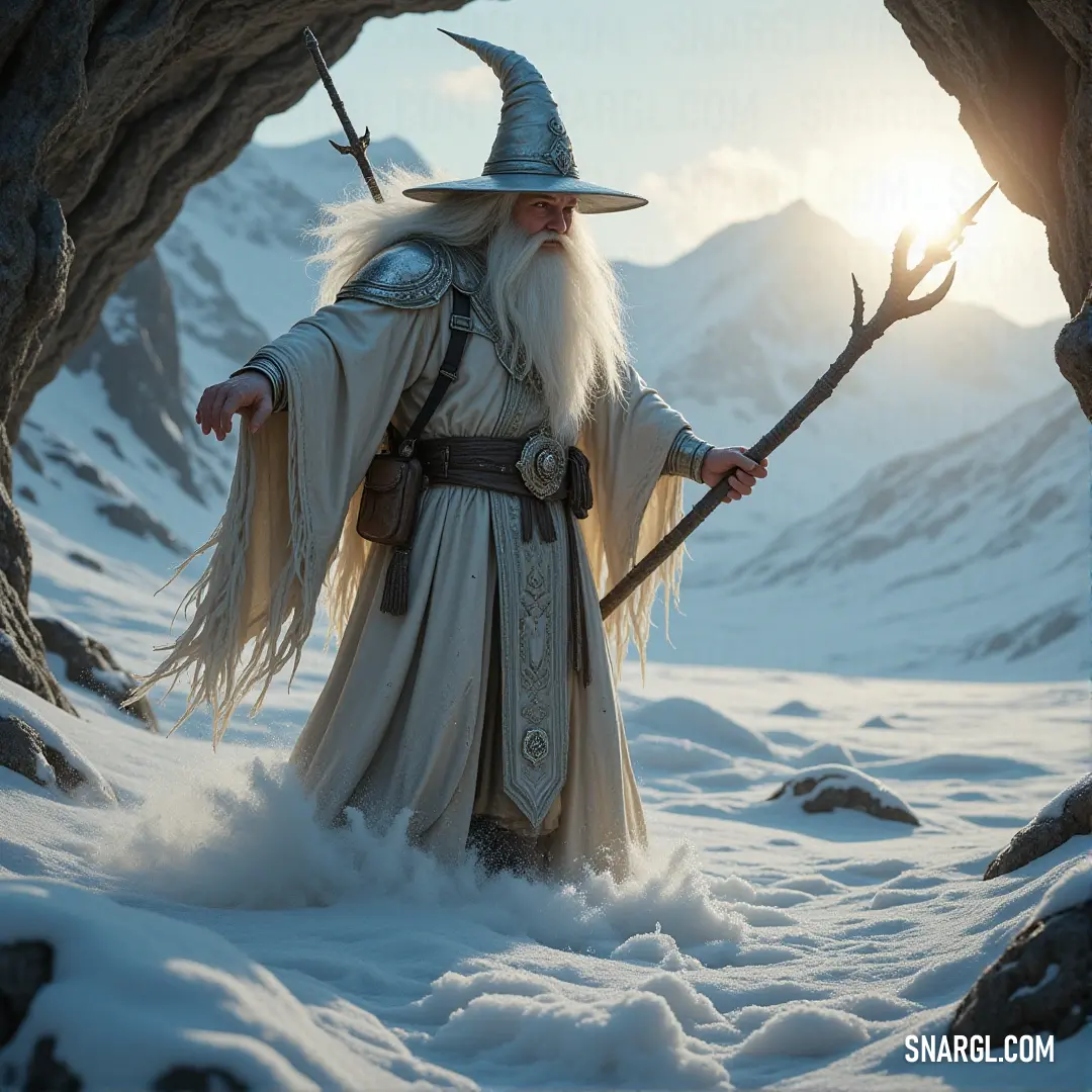 A wise wizard, with a long white beard, stands alone in the snow. His staff in hand, he looks out over the frozen landscape, contemplating the journey ahead as the cold winds swirl around him.