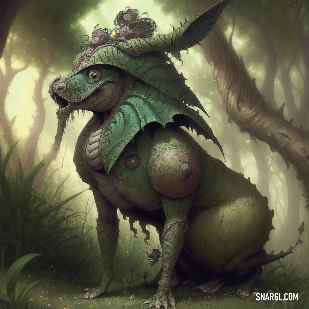 Green dragon with a helmet on its back in a forest with trees and grass