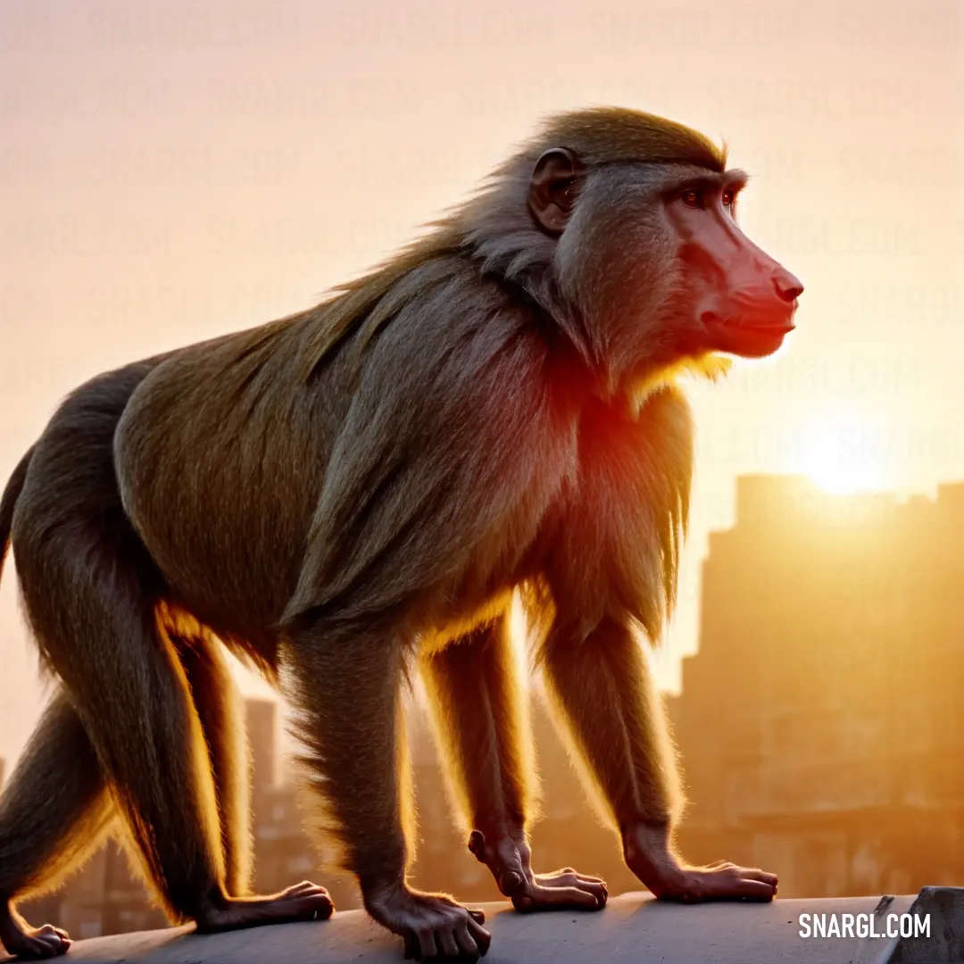 Monkey on a ledge with the sun in the background