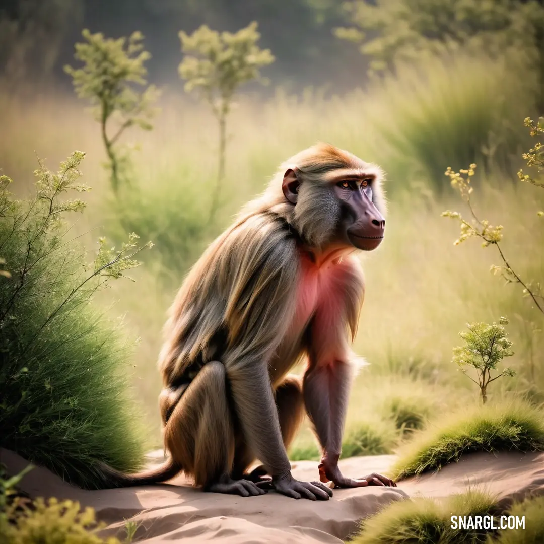 Monkey on a rock in a field of grass and bushes with a red spot on its back