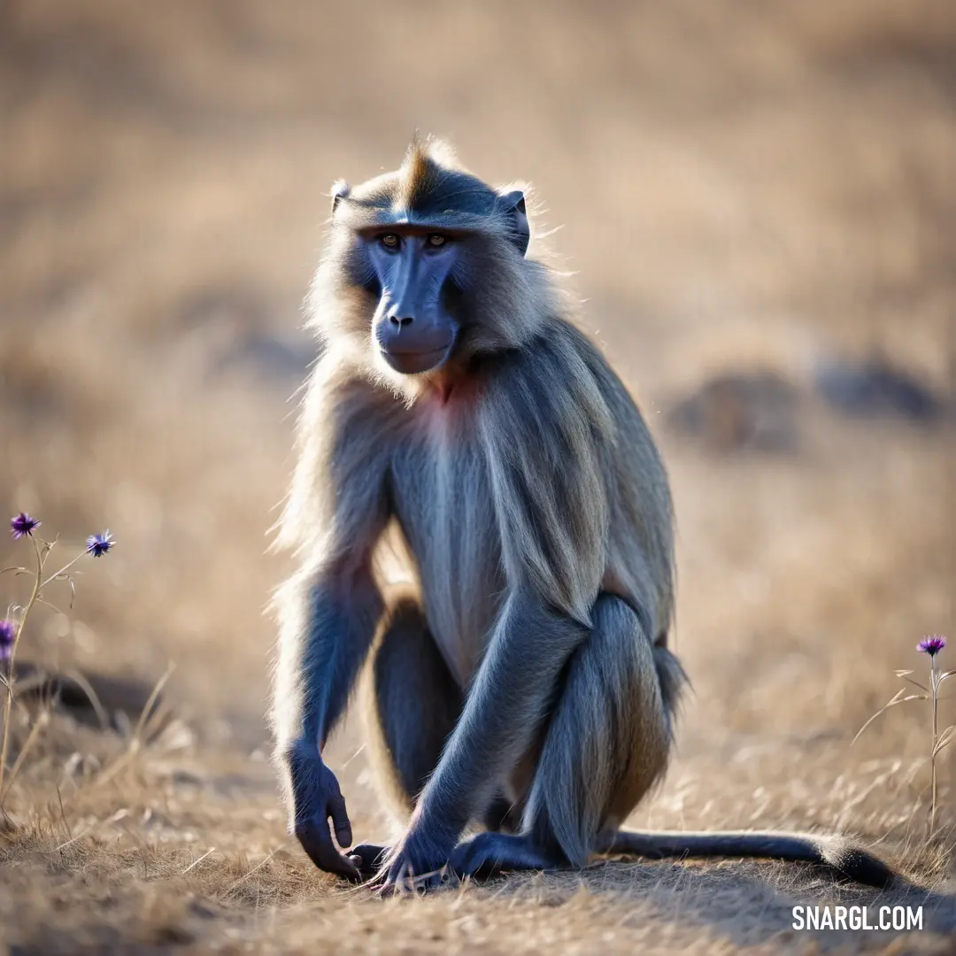 Monkey on the ground with a hat on its head and a flower in its mouth