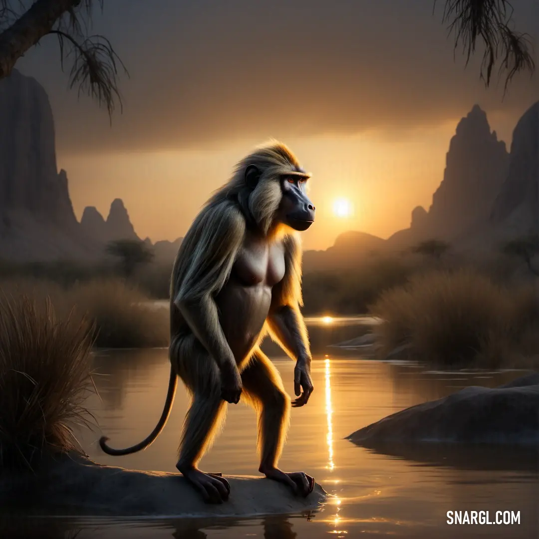 Monkey standing on a rock in the water at sunset