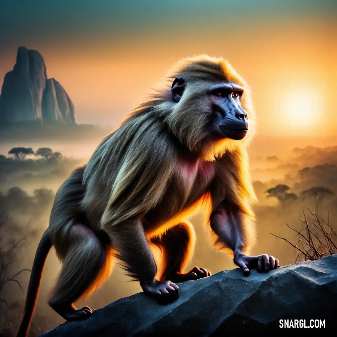 Monkey standing on a rock in the middle of a forest at sunset with a mountain in the background