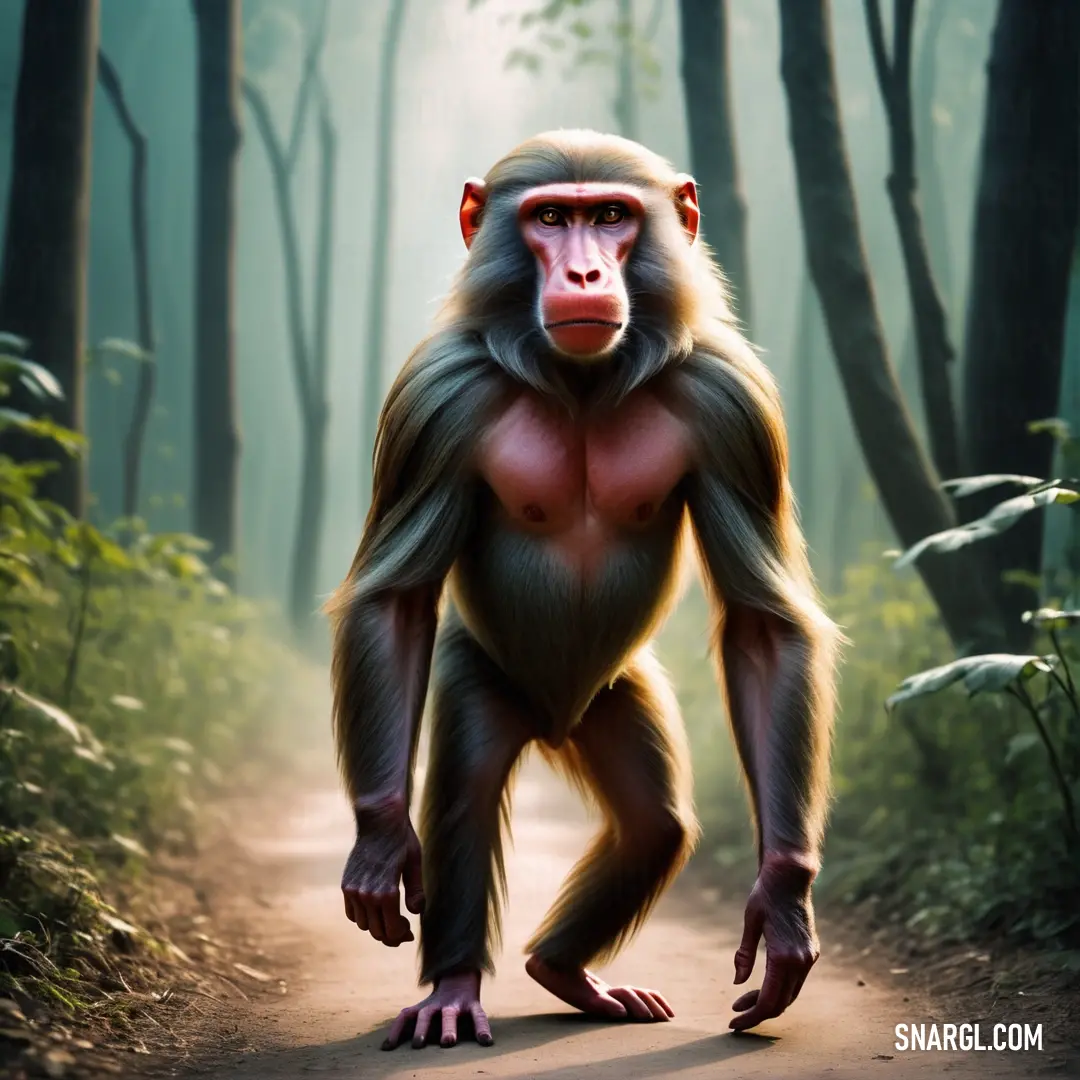 Monkey walking down a dirt road in the woods with trees and bushes behind it