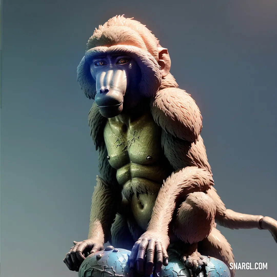 Monkey with a fake face and a fake body on a rock with a sky background