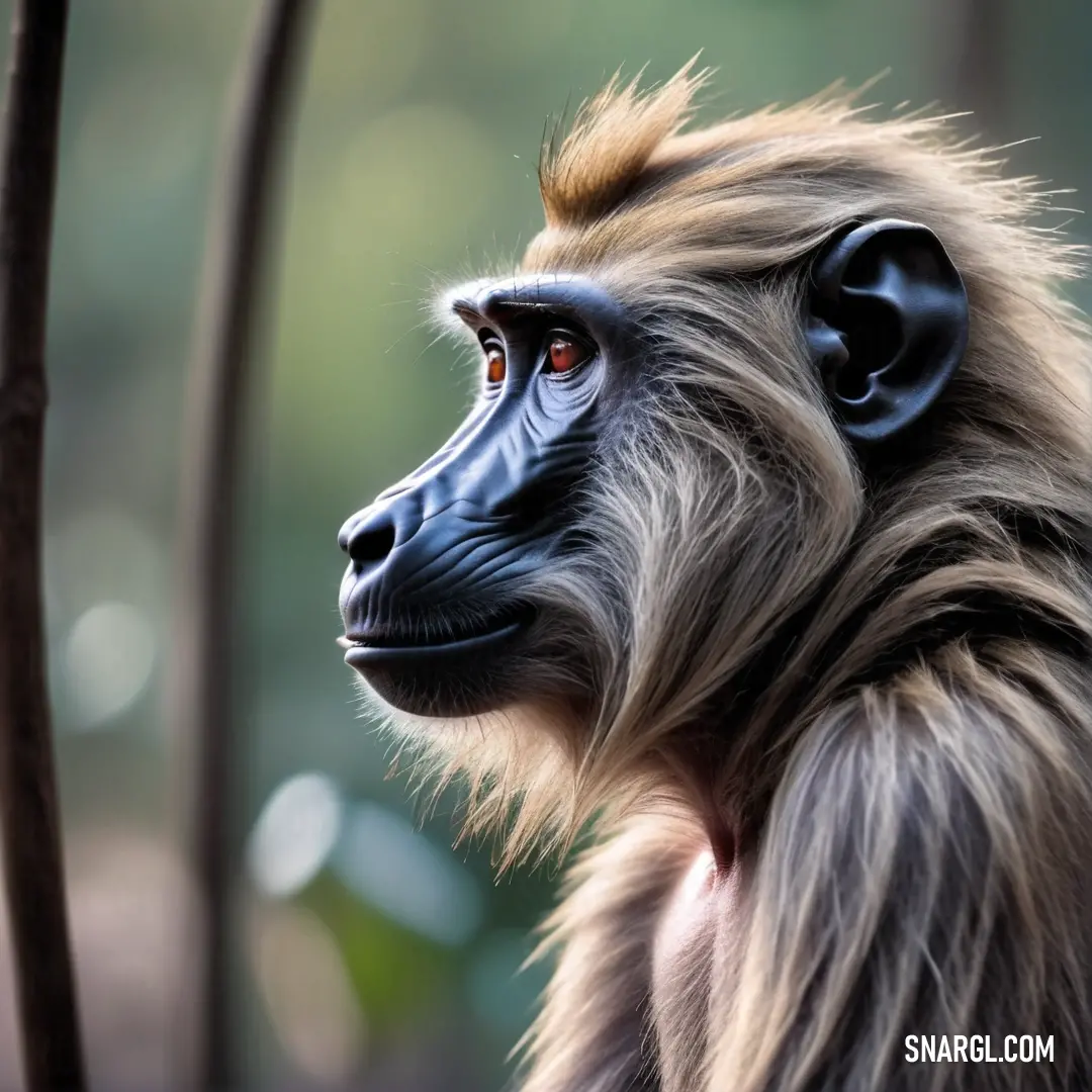 Monkey with a long hair and a black nose and nose ring on its head
