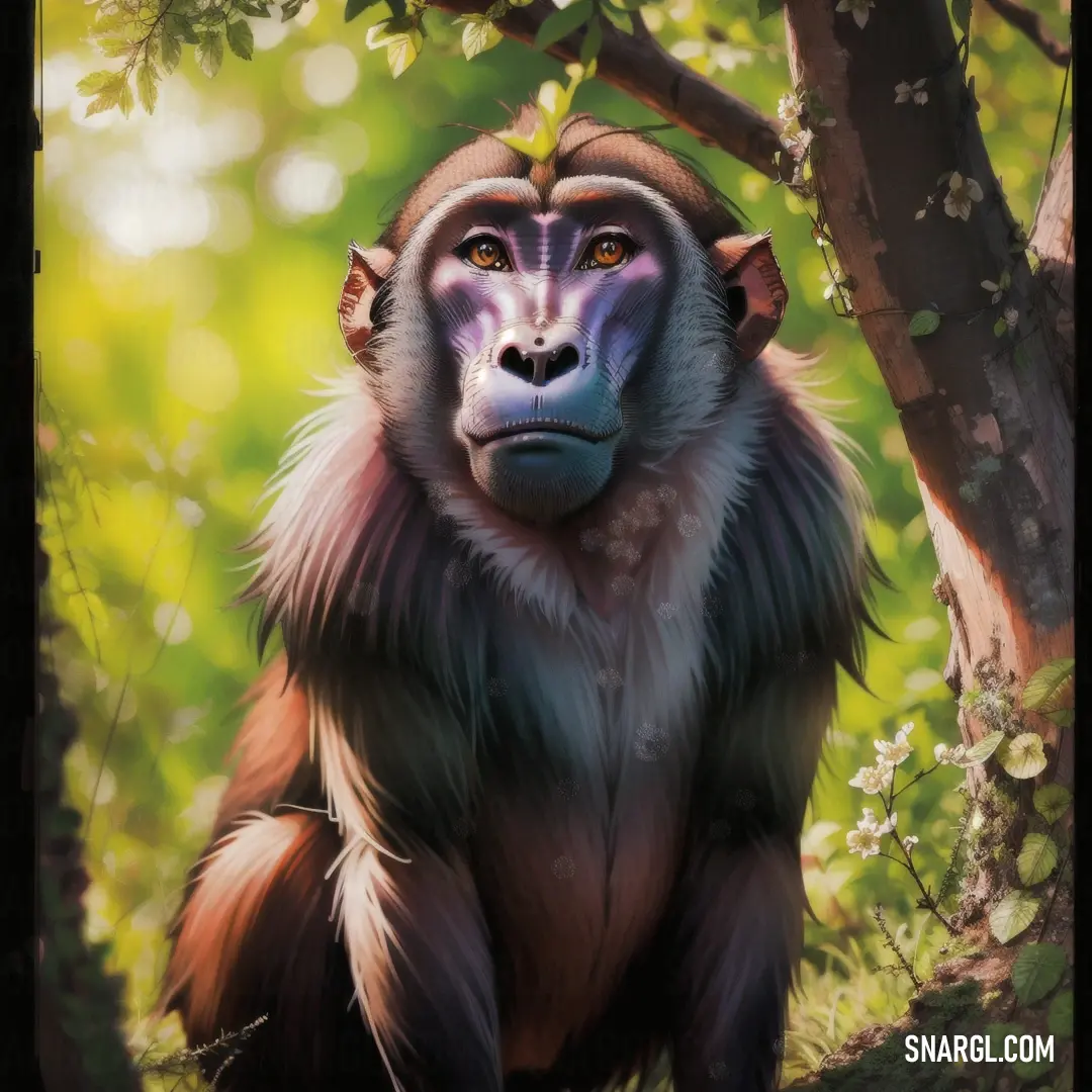 Monkey with a purple face and a tree in the background with leaves on it's head and a branch in the foreground
