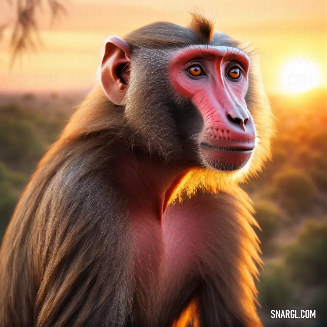 Monkey with a red face and long hair standing in front of a sunset with trees and bushes in the background