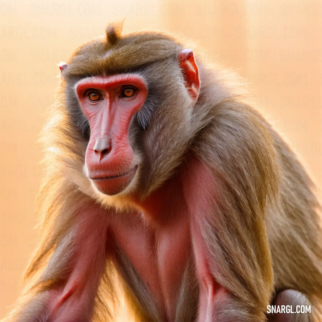 Monkey with a red face and a long tail on a table with a blurry background