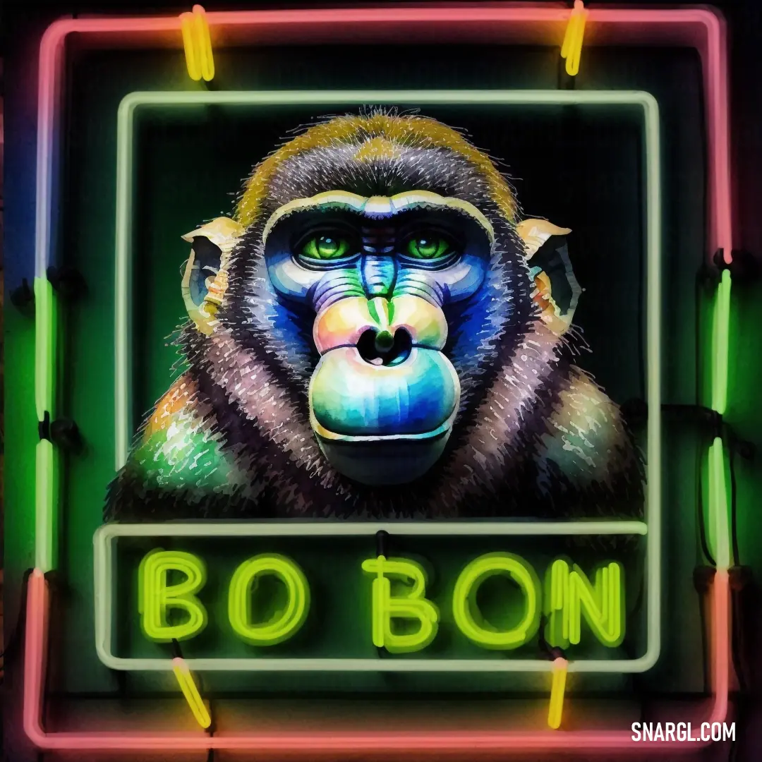Neon sign with a monkey on it's face and the words bo bonn below it in neon lights