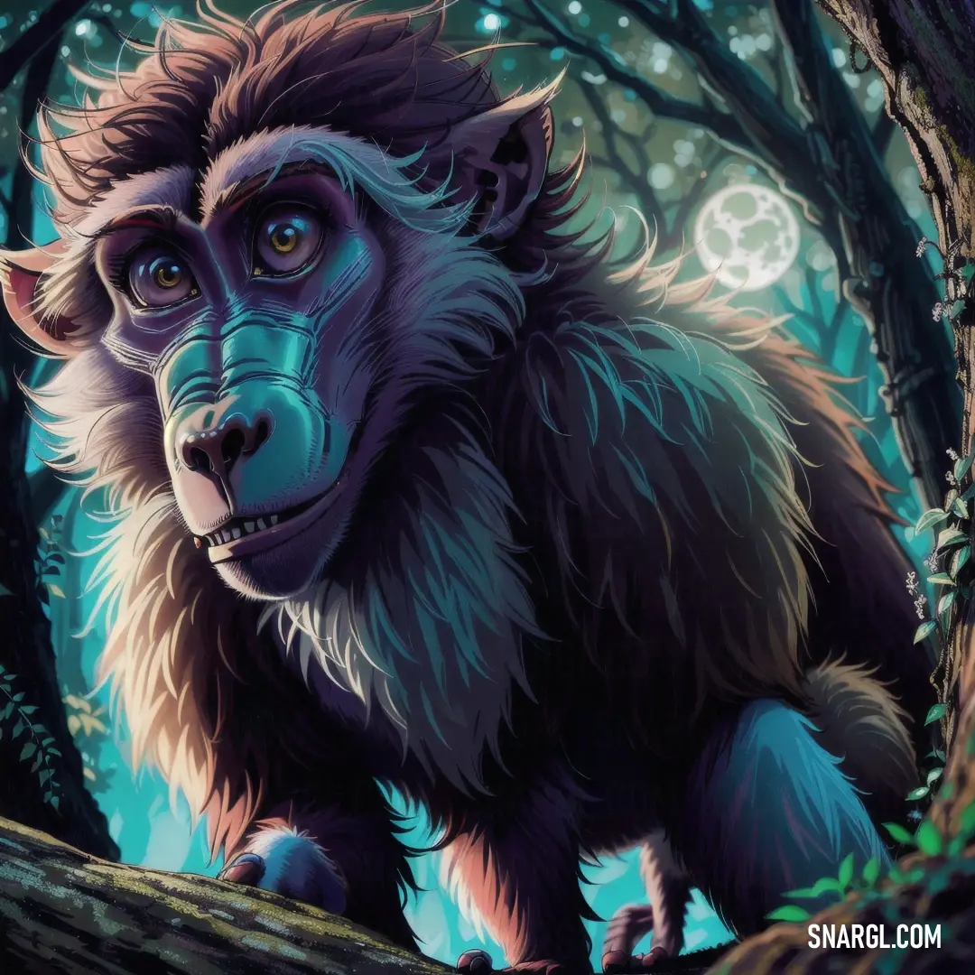 Painting of a monkey in a forest with a full moon in the background and a tree branch