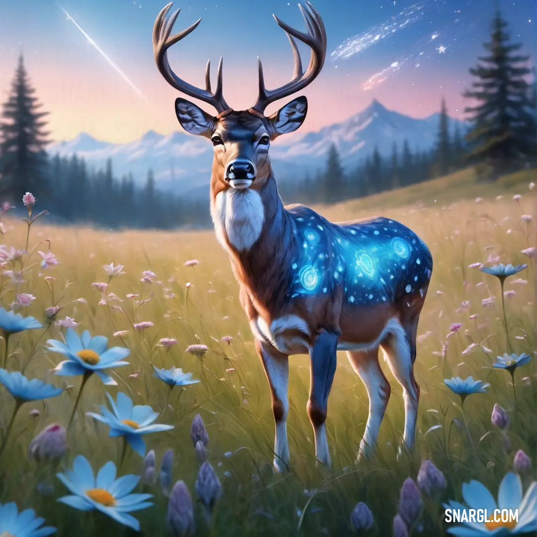 Deer with a blue glow on its face standing in a field of flowers and daisies with a mountain in the background
