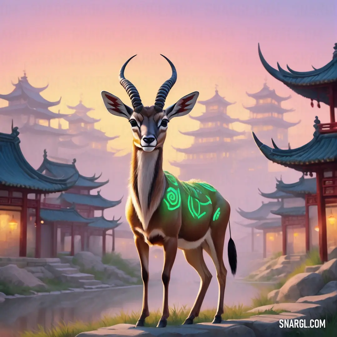 Deer with a green light on its back standing in front of a building with pagodas in the background