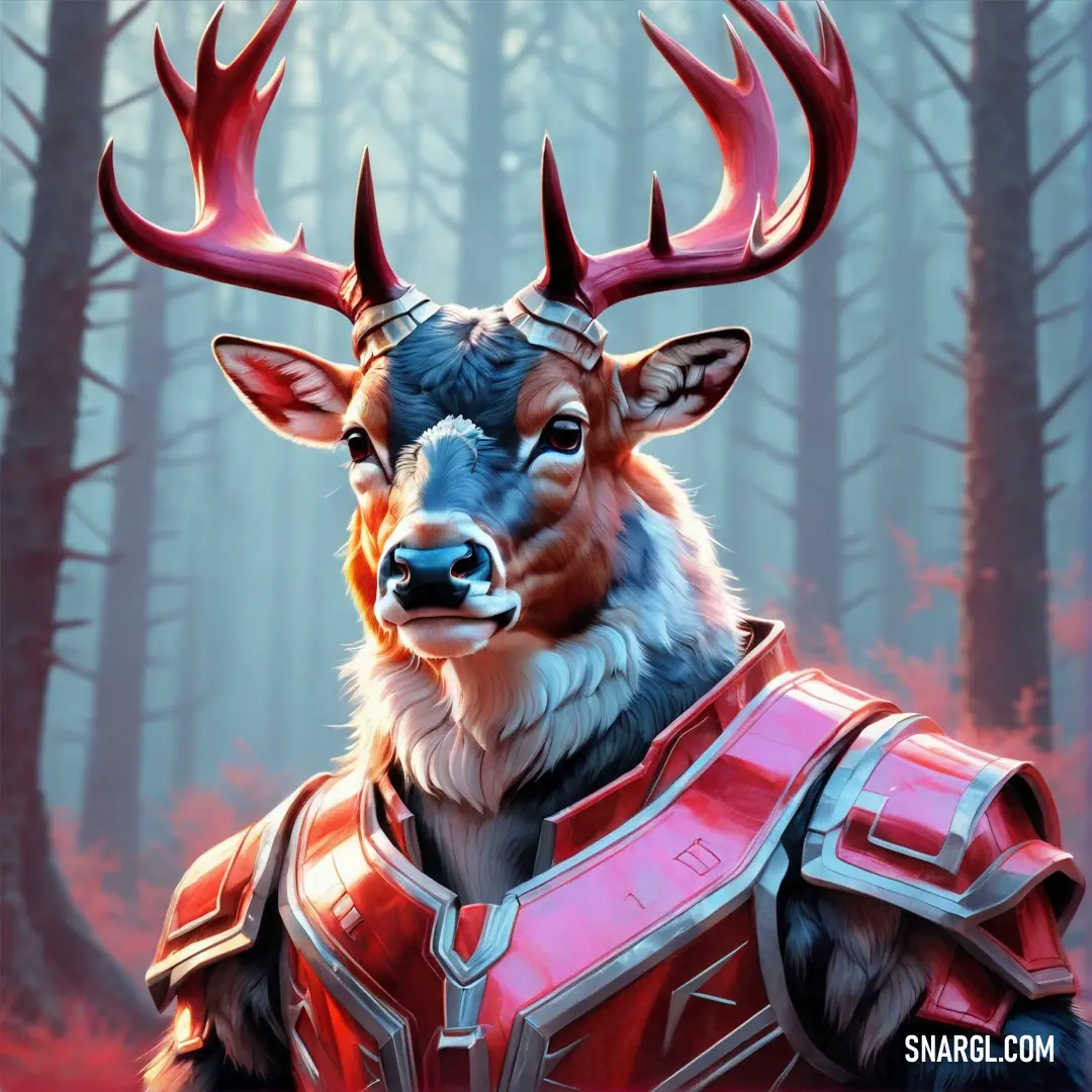 Deer with horns and armor in a forest with trees and fogs in the background