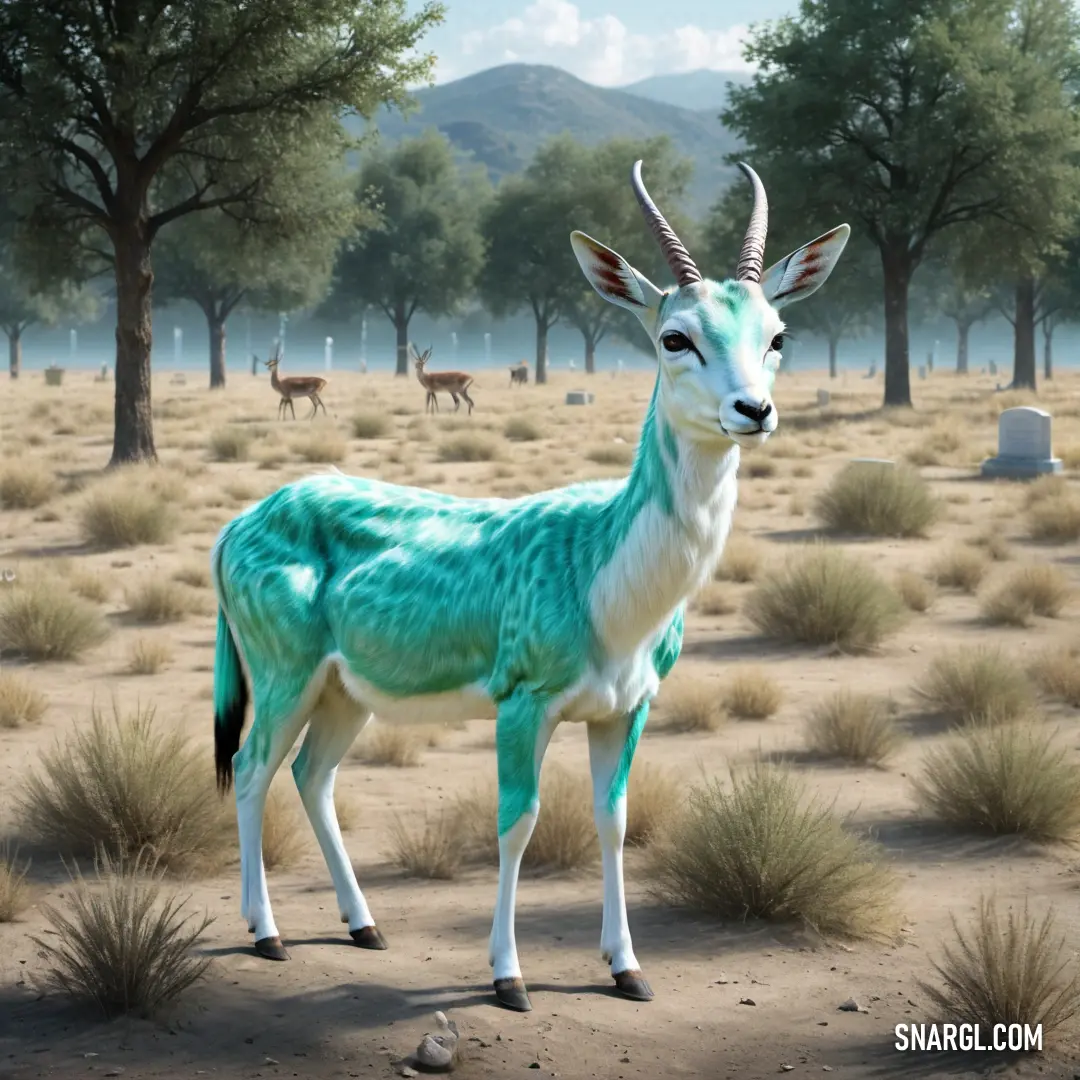 Fake deer is standing in a desert area with trees and bushes in the background