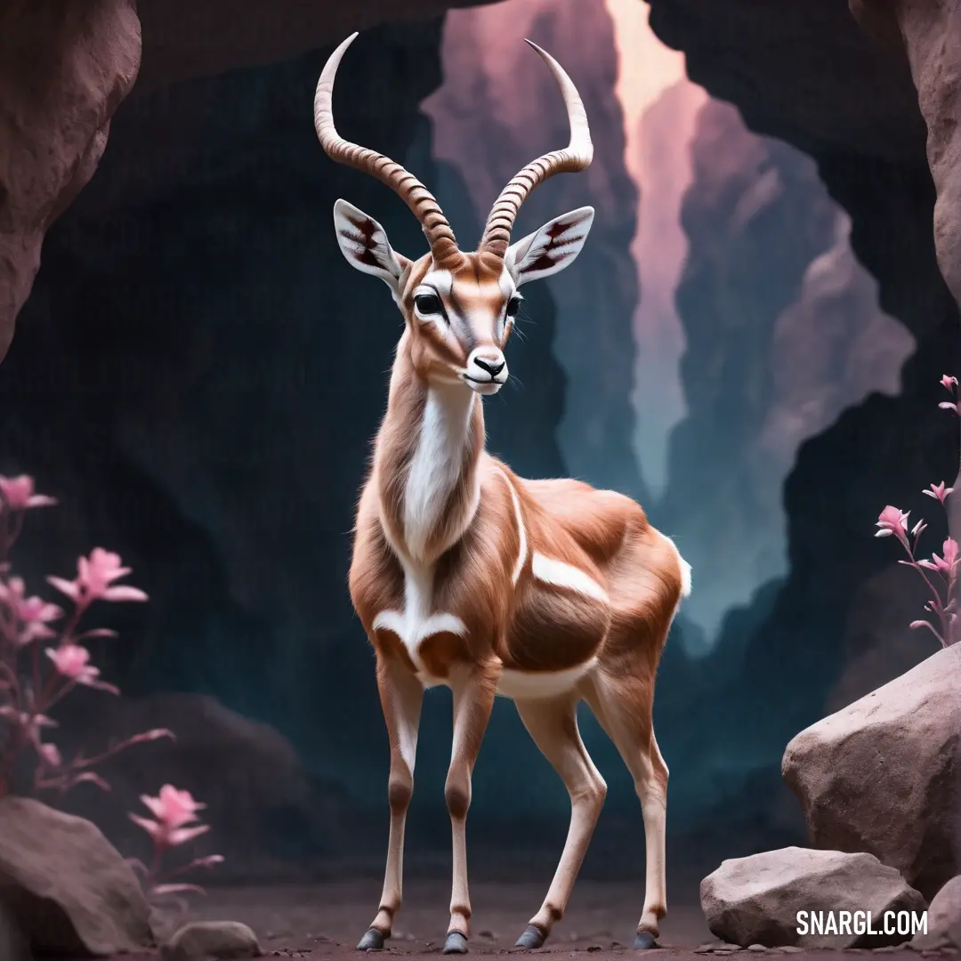 Gazelle standing in front of a cave entrance with pink flowers and rocks in the background