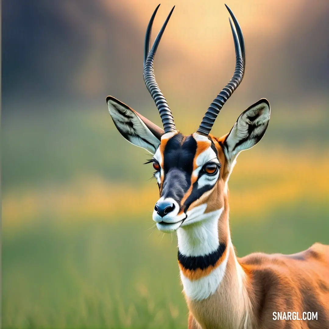 Gazelle with long horns standing in a field of grass with a sky background and a sunbeam