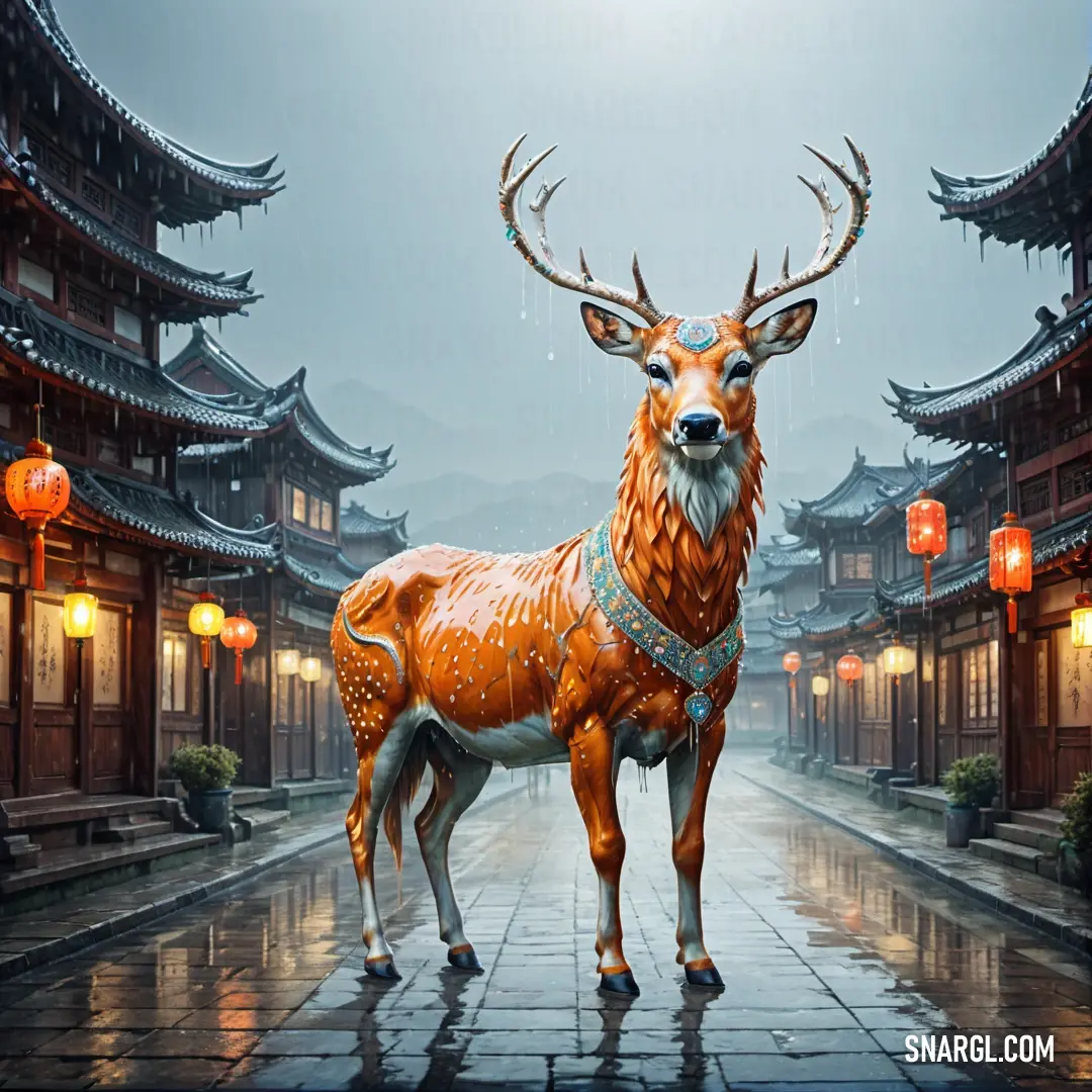 Statue of a deer stands in a street in front of a building with lanterns on it's sides