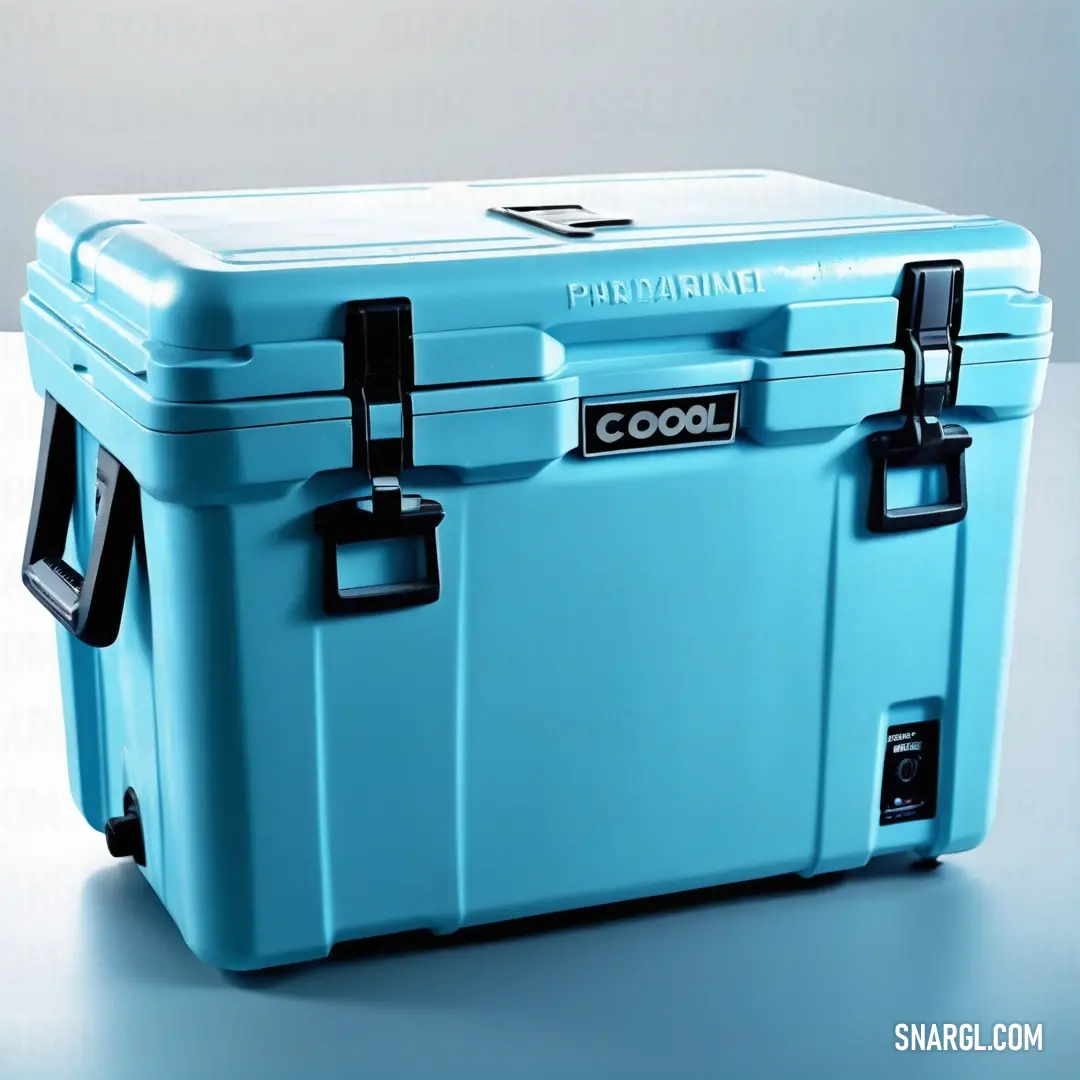 Baby blue color. Blue cooler on top of a white table next to a wall