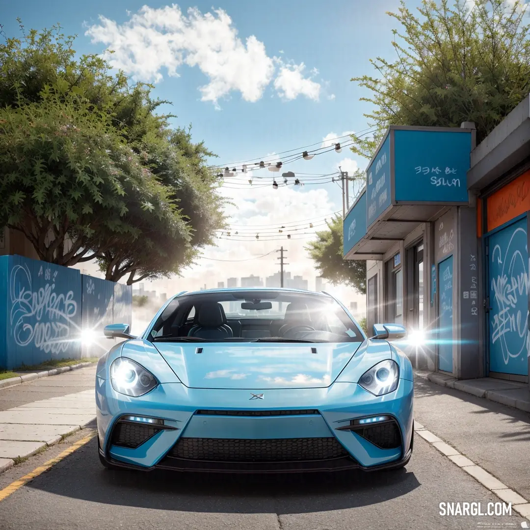 Blue sports car driving down a street next to a building with graffiti on it's side and a sky background. Color Baby blue.