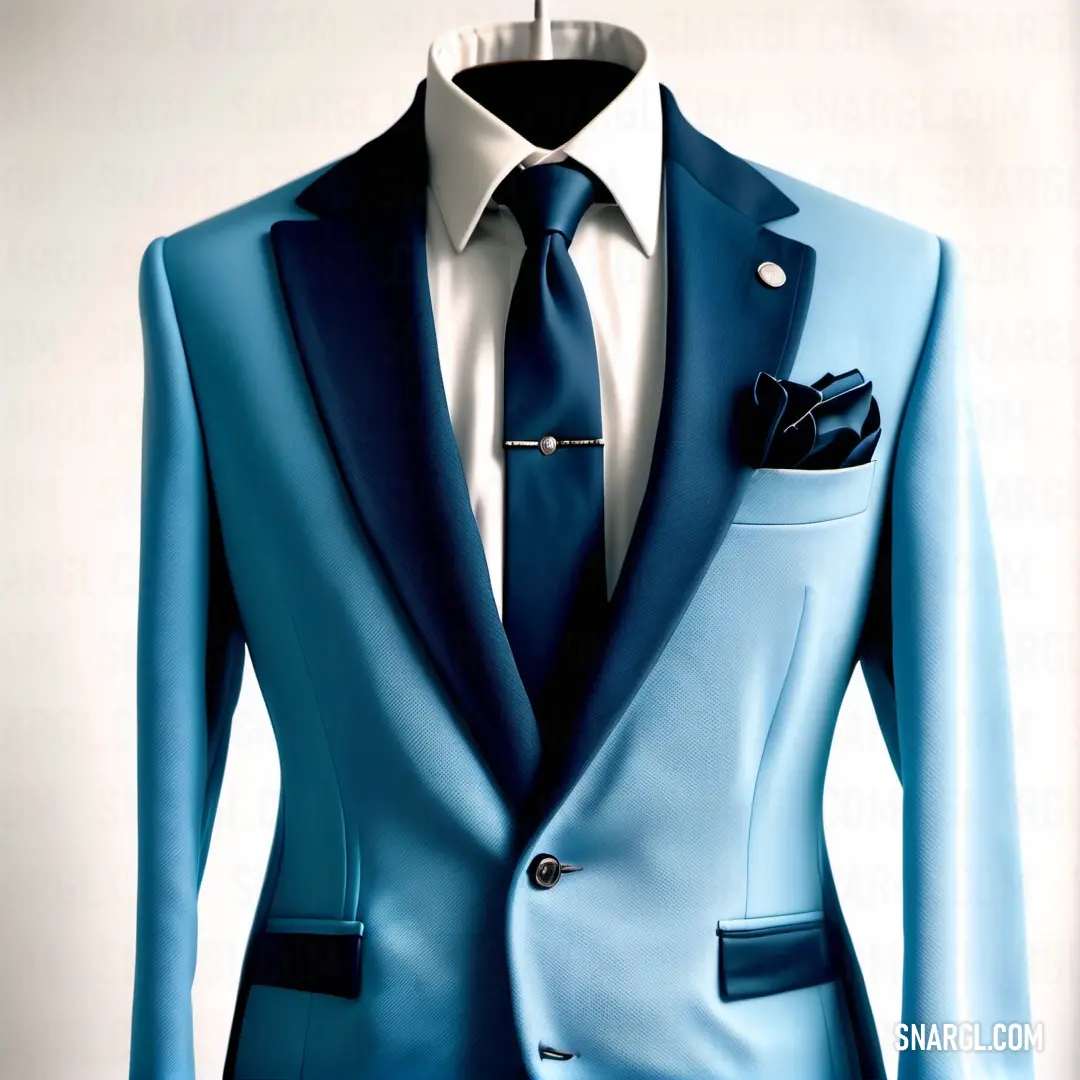 Blue suit with a white shirt and a blue tie and a black tie and a white shirt. Example of RGB 137,207,240 color.