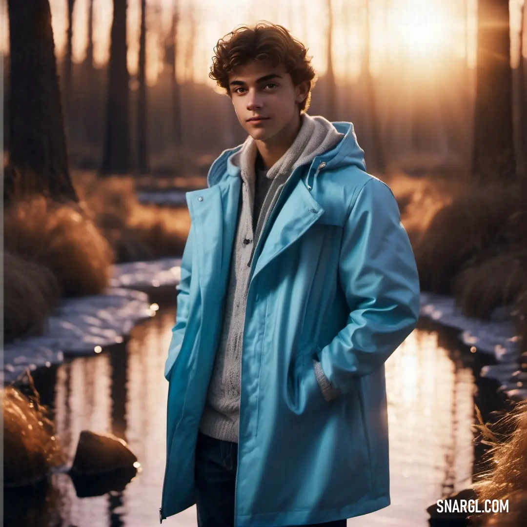 Man standing in a forest next to a river wearing a blue jacket and a white sweater and jeans. Color #89CFF0.