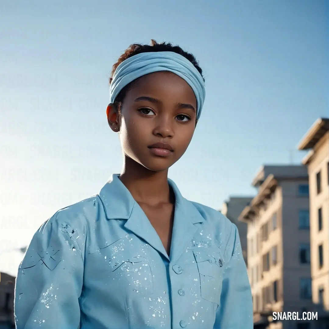 Young woman in a blue shirt and a headband standing in front of a building. Color RGB 137,207,240.