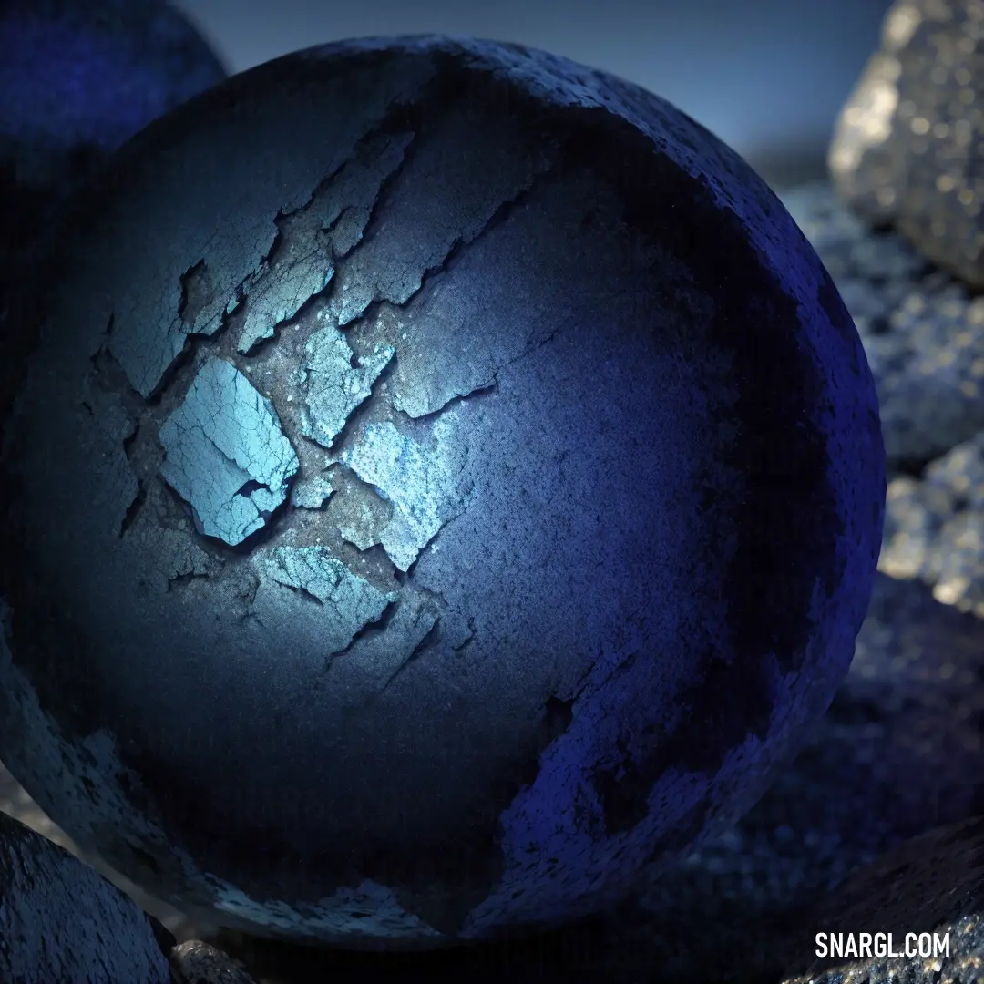 Blue ball on top of a pile of rocks next to a pile of rocks with a cracked surface. Example of RGB 137,207,240 color.
