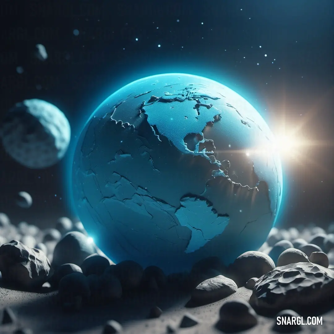 Blue earth surrounded by rocks and rocks on a dark background with stars and a bright light above it. Example of #89CFF0 color.