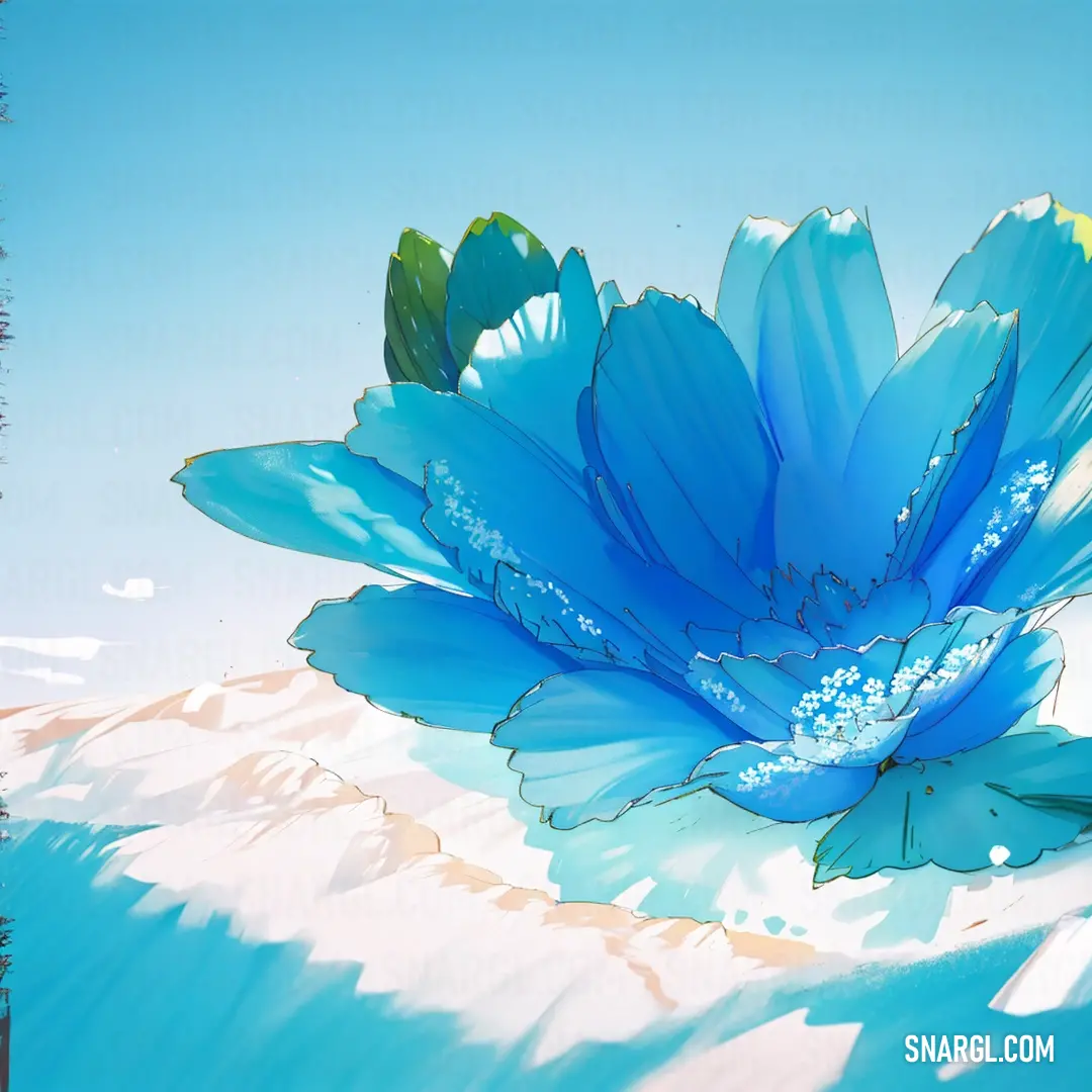Blue flower with a butterfly flying over it's head in the sky above a mountain range with snow