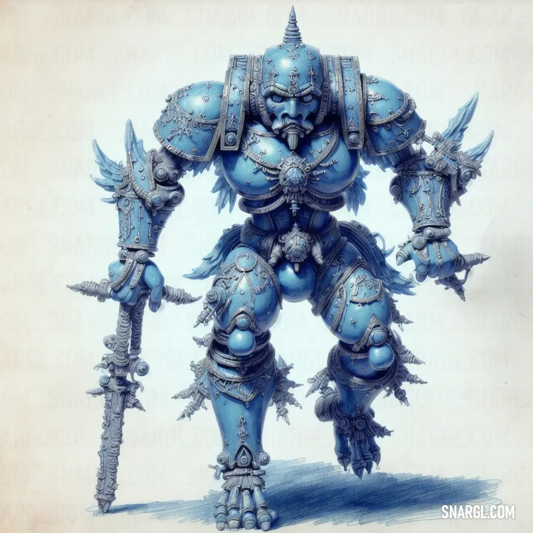 Blue painted warhammer with a large sword and a large head and arms
