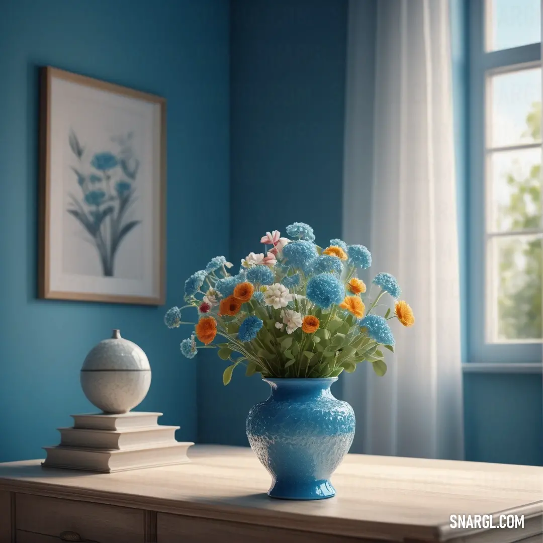 Blue vase with flowers on a table in a room with blue walls and a window with white curtains. Example of CMYK 43,14,0,6 color.