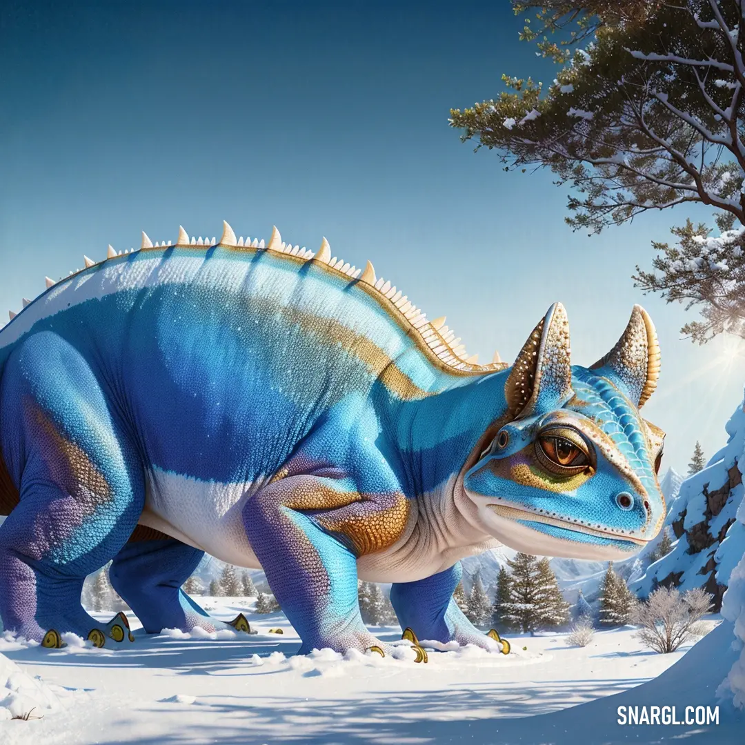 Large blue dinosaur standing in the snow next to a tree and a forest