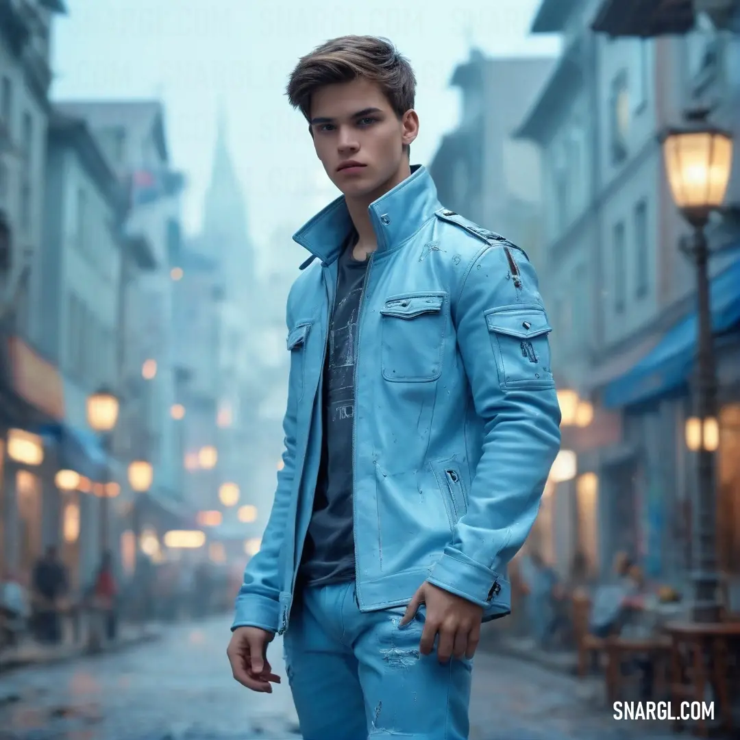 Man in a blue jacket is standing in the street in the rain with his hands in his pockets. Color Baby blue.