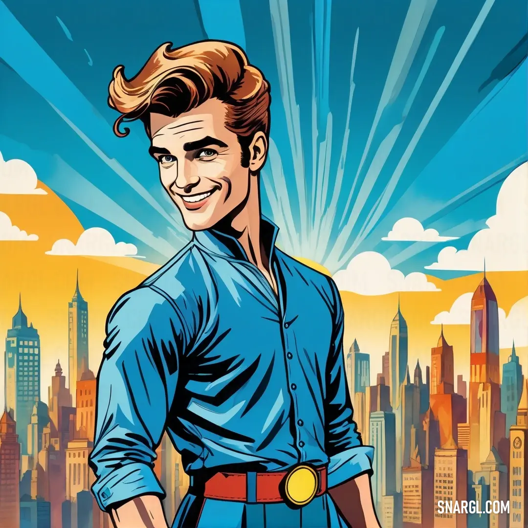 Man in a blue shirt is standing in front of a cityscape with a bright sunburst. Color CMYK 43,14,0,6.