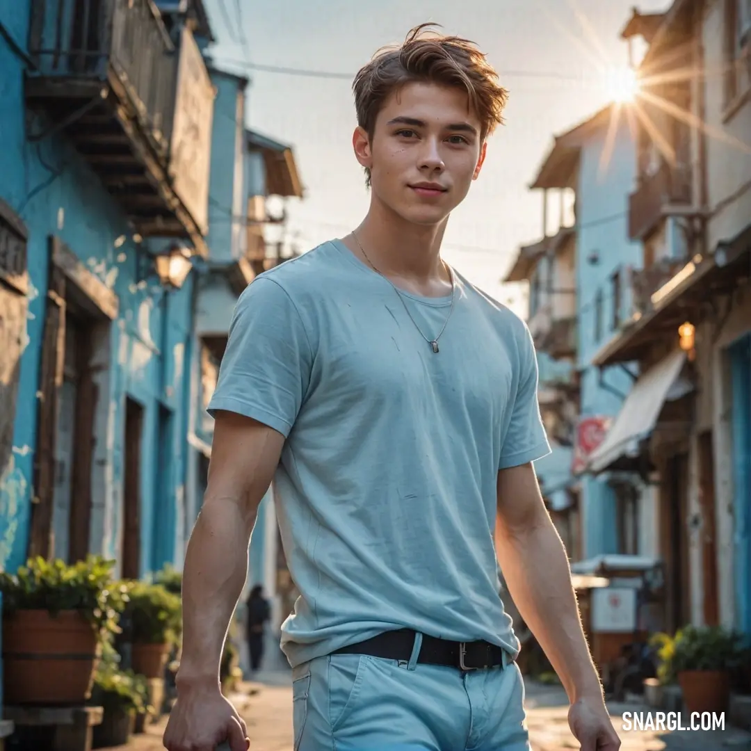 Man walking down a street next to a building with a sun shining on it's side. Color Baby blue.