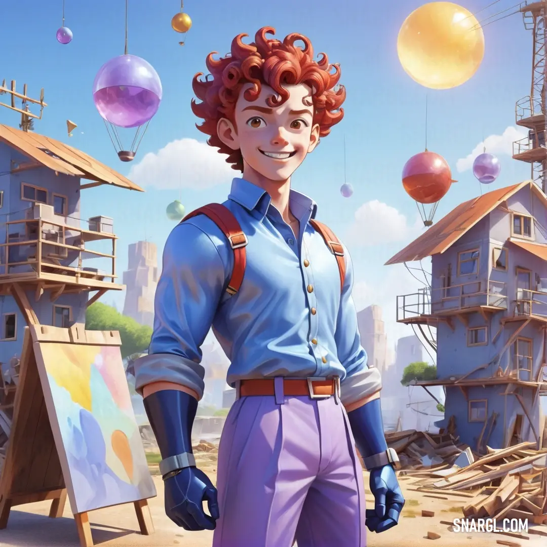 Man with red hair standing in front of a painting and balloons in the sky above him is a building. Example of CMYK 43,14,0,6 color.